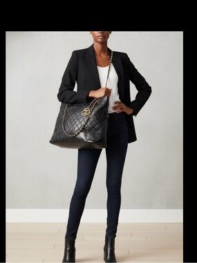 XL Vintage CHANEL Black Quilted Leather Tote with Gold Chain and CC Charm